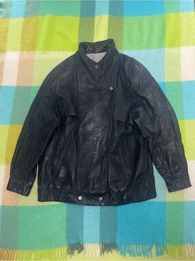 Vintage Express Leather Jacket Black Moto Biker Shoulder Pads